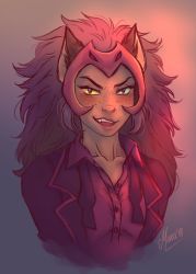 Rule 34 | 1girl, 2018, blush, cat girl, catra (princesses of power), collarbone, eyelashes, formal, freckles, headgear, heterochromia, highres, long hair, masters of the universe, murasaki yuri, red headwear, she-ra and the princesses of power, smile, solo, suit, teeth