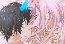 Rule 34 | 10s, 1boy, 1girl, black hair, blue eyes, blue horns, commentary request, couple, darling in the franxx, dated, face-to-face, facing another, finger in another&#039;s mouth, forehead-to-forehead, fujiomi161, green eyes, heads together, hetero, highres, hiro (darling in the franxx), holding hands, horns, interlocked fingers, long hair, looking at another, oni horns, pink hair, red horns, short hair, signature, spoilers, topless male, zero two (darling in the franxx)