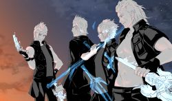Rule 34 | 10s, 4boys, final fantasy, final fantasy xv, floating sword, gladiolus amicitia, gun, ignis scientia, jacket, male focus, multiple boys, noctis lucis caelum, open clothes, open jacket, partially colored, prompto argentum, sky, soto (20151217337), star (sky), starry sky, sunset, sword, vest, weapon