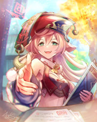 Rule 34 | 1girl, :d, blue sky, blurry, book, breasts, cleavage, cloud, cloudy sky, commentary request, depth of field, dragon horns, fisheye, genshin impact, green eyes, hair between eyes, handshake, hat, highres, holding, holding book, horns, long hair, looking at viewer, midriff, nekobayashi, open mouth, paper, pink hair, reaching, reaching towards viewer, scarf, sidelocks, sky, smile, solo, tree, white scarf, yanfei (genshin impact)