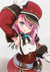 Rule 34 | 1girl, :q, aqua eyes, arm up, armpits, bare shoulders, belt, blush, book, breasts, cabbie hat, charlotte (genshin impact), commentary, detached sleeves, dress, genshin impact, gloves, hat, hat feather, highres, holding, holding book, holding pen, long sleeves, looking at viewer, medium breasts, menchi-men, monocle, pen, pink hair, puffy long sleeves, puffy sleeves, red dress, red hat, short hair, sideboob, smile, solo, tongue, tongue out, upper body, white belt, white gloves