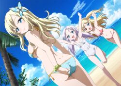 Rule 34 | 3girls, :d, adjusting clothes, adjusting swimsuit, arms up, ass, back, barefoot, beach, bikini, blonde hair, blue bikini, blue eyes, blue sky, boku wa tomodachi ga sukunai, breasts, butterfly hair ornament, closed mouth, day, dimples of venus, dutch angle, fang, front-tie bikini top, front-tie top, hair ornament, halterneck, hasegawa kobato, heterochromia, kashiwazaki sena, large breasts, leg up, long hair, looking back, multiple girls, name tag, navel, ocean, official art, one-piece swimsuit, ookuma takaharu, open mouth, outdoors, outstretched arms, palm tree, red bikini, red eyes, school swimsuit, scrunchie, side-tie bikini bottom, sky, small breasts, smile, spread arms, string bikini, swimsuit, takayama maria, tree, two side up, watanabe yoshihiro, white hair, white one-piece swimsuit