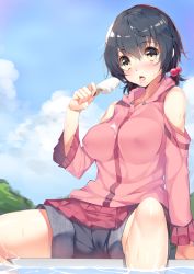 Rule 34 | 1girl, bad id, bad pixiv id, bare shoulders, black hair, blush, breasts, covered erect nipples, food, hair bobbles, hair ornament, holding, hood, hoodie, ice cream, large breasts, messy, open mouth, original, popsicle, saliva, sexually suggestive, short hair, short shorts, short twintails, shorts, sitting, solo, tongue, tongue out, twintails, yappen, yatsu (sasuraino), yellow eyes
