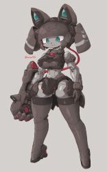Rule 34 | 1girl, absurdres, android, animal nose, breasts, cable, full body, grey background, highres, holding, holding weapon, kuruton486, looking ahead, medium breasts, metal skin, original, parted lips, science fiction, simple background, smile, solo, twitter username, weapon