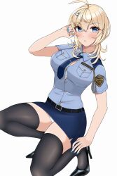 Rule 34 | 1girl, ahoge, alternate costume, badge, black thighhighs, blonde hair, blue eyes, blue nails, blue necktie, blue shirt, blue skirt, breasts, hair between eyes, hair ornament, hairclip, highres, kantai collection, large breasts, looking at viewer, nail polish, necktie, otobi, panties, pencil skirt, police, police uniform, policewoman, shirt, simple background, skirt, solo, thighhighs, tuscaloosa (kancolle), underwear, uniform, white background, white panties
