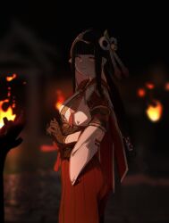 Rule 34 | 1girl, black gloves, black hair, blunt bangs, blurry, blurry background, breasts, fire, gloves, highres, hinoa, japanese clothes, kuronoiparoma, long hair, looking at viewer, medium breasts, monster hunter (series), monster hunter rise, multicolored hair, night, orange eyes, outdoors, own hands together, pink hair, pointy ears, sidelocks, solo, wide sleeves