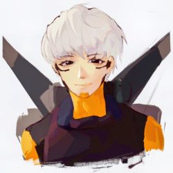 Rule 34 | 1girl, animification, apex legends, armor, black eyes, bodysuit, breastplate, chencucucucu, chinese commentary, closed mouth, grey hair, jetpack, looking at viewer, orange bodysuit, portrait, short hair, simple background, smile, solo, valkyrie (apex legends), white background