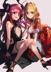 Rule 34 | 10s, 2girls, ahoge, all fours, asymmetrical horns, bad id, bad pixiv id, blonde hair, braid, breasts, cleavage, commentary request, curled horns, dragon girl, dragon horns, dragon tail, dress, elizabeth bathory (fate), elizabeth bathory (fate/extra ccc), fate/extra, fate/extra ccc, fate/grand order, fate (series), french braid, green eyes, hair bun, hair intakes, high heels, highres, horns, juliet sleeves, large breasts, long sleeves, looking at viewer, loose bikini, modare, multiple girls, nero claudius (fate), nero claudius (fate) (all), nero claudius (fate/extra), open mouth, pink hair, pointy ears, puffy sleeves, red dress, red ribbon, revealing clothes, ribbon, single hair bun, sitting, small breasts, smile, tail, thigh strap, thighs, two side up, uneven horns