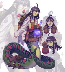 Rule 34 | 1girl, ahegao, alchemist, backpack, bag, black hair, body armor, body freckles, breasts, brown gloves, cleavage, colored skin, commentary, english commentary, extremely-nervess, fangs, fanny pack, flask, flower, freckles, from side, full body, glasses, gloves, green skin, head down, highres, holding, holding flask, lamia, long hair, looking at viewer, monster girl, multicolored skin, original, patch, patchwork clothes, pointy ears, portrait, red eys, red skin, shirt, skull, slit pupils, small breasts, snake tail, solo, sparkle, standing, sweatdrop, tail, tulip, vial, white shirt