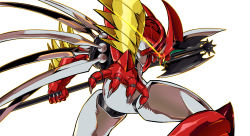 Rule 34 | axe, from side, getter arc, getter robo, getter robo arc, highres, holding, holding axe, leaning forward, mecha, mechanical wings, no humans, open mouth, pillar buster, robot, science fiction, sharp teeth, solo, super robot, teeth, white background, wings, yellow eyes