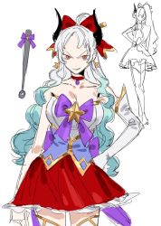 Rule 34 | alternate costume, breasts, club (weapon), detached sleeves, earrings, hair ribbon, hand on own hip, horns, jewelry, magical girl, medium breasts, multicolored hair, one piece, raine (acke2445), red eyes, red skirt, ribbon, sketch, skirt, star (symbol), star earrings, star ornament, thighhighs, two-tone hair, wand, weapon, white hair, yamato (one piece), zettai ryouiki