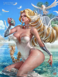 Rule 34 | 1girl, absurdly long hair, armor, bird, blonde hair, blue sky, breasts, character name, covered eyes, curvy, digimon, digimon (creature), dove, falling feathers, feathers, female focus, highres, hotan (digimon), large breasts, lips, long hair, looking at viewer, olive (digimon), olympos xii, ponytail, shiny skin, sky, smile, smirk, solo, thighs, thong, venusmon, very long hair, water, wide hips, wings, yam spectrum