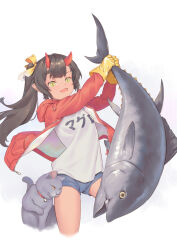 Rule 34 | 1girl, animal, animal ears, bigrbear, black hair, blue shorts, cat, chinese commentary, clothes writing, commentary request, fish, gloves, gradient background, green eyes, grey background, hair ribbon, highres, holding, holding animal, holding fish, horns, jacket, long sleeves, looking at viewer, oni, oni horns, open mouth, original, pointy ears, red horns, red jacket, ribbon, shirt, shorts, smile, solo, white shirt, yellow gloves, yellow ribbon