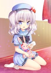 Rule 34 | 10s, 1girl, alternate costume, blue eyes, blue shirt, blue skirt, carpet, child, curtains, floral print, hair between eyes, hat, heart, heart-shaped pupils, indoors, kantai collection, kashima (kancolle), looking at viewer, open mouth, pleated skirt, ringo sui, shirt, short sleeves, silver hair, sitting, skirt, solo, stuffed animal, stuffed toy, symbol-shaped pupils, twintails, wooden wall, aged down
