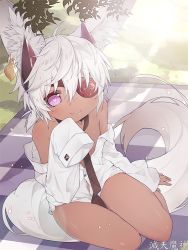 Rule 34 | 1boy, androgynous, animal ear fluff, animal ears, bad id, bad pixiv id, bare legs, bare shoulders, barefoot, black necktie, blade &amp; soul, blush, buttons, closed mouth, collared shirt, dark-skinned male, dark skin, day, dress shirt, earrings, eyepatch, fingernails, flat chest, fox boy, fox ears, fox tail, hair between eyes, hand up, heart, heart-shaped pupils, jewelry, long fingernails, long sleeves, looking at viewer, lyn (blade &amp; soul), male focus, naked shirt, necktie, no bra, off shoulder, open clothes, open shirt, outdoors, purple eyes, shirt, short hair, single earring, sitting, sleeves past wrists, smile, solo, symbol-shaped pupils, tail, trap, tsuka, white hair, white shirt, yokozuwari