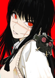 Rule 34 | 1girl, animal, animal on shoulder, bird, bird on shoulder, black hair, brown vest, chainsaw man, collared shirt, dual persona, facial scar, from side, looking at viewer, neck ribbon, owl, portrait, red background, red eyes, ribbon, ringed eyes, sailen0, scar, scar on cheek, scar on face, scar on nose, school uniform, shirt, simple background, solo, vest, war devil (chainsaw man), white shirt, yoru (chainsaw man)