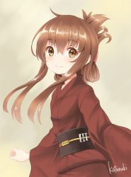Rule 34 | 10s, 1girl, artist name, bad id, bad pixiv id, badge, brown eyes, brown hair, closed mouth, commentary request, folded ponytail, gale kawaii, inazuma (kancolle), japanese clothes, kantai collection, kimono, long hair, long sleeves, ponytail, red kimono, smile, solo, wide sleeves, yukata