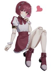 Rule 34 | 1girl, android, blush, bow, bowtie, doll joints, dorothy haze, full body, hairband, hand on own face, heart, highres, joints, looking at viewer, mado mdmbx (wjjj5485), pink bow, pink bowtie, pink eyes, pink footwear, pink hair, pink skirt, shoes, short hair, simple background, skirt, solo, va-11 hall-a, white background