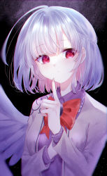 Rule 34 | 1girl, absurdres, angel wings, arm up, beige jacket, black background, blush stickers, bow, bowtie, braid, breasts, collared dress, commentary, dark background, dress, feathered wings, finger to mouth, fingernails, french braid, gem, green gemstone, highres, kishin sagume, long sleeves, looking to the side, medium breasts, mizore arius, purple dress, red bow, red bowtie, red eyes, short hair, silver hair, simple background, single wing, solo, standing, touhou, upper body, wing collar, wings