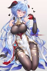 Rule 34 | 1girl, ahoge, apple, artist name, bell, black gloves, blue hair, bodystocking, breasts, cowbell, detached sleeves, dress, food, fruit, ganyu (genshin impact), genshin impact, gloves, goat horns, hair between eyes, highres, holding, holding food, holding fruit, horns, large breasts, long hair, looking at viewer, melailai, neck bell, open mouth, purple eyes, sitting, solo, thighs, wariza, white dress