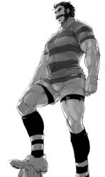 Rule 34 | 1boy, alternate costume, bara, beard, bulge, covered navel, facial hair, graves (league of legends), greyscale, grin, hair slicked back, karipaku, kneehighs, large pectorals, league of legends, leggings, male focus, mature male, monochrome, muscular, muscular male, mustache, pectorals, rugby uniform, shirt, shoes, short hair, shorts, smile, socks, solo, sportswear, thick eyebrows, thighs, tight clothes, tight shirt
