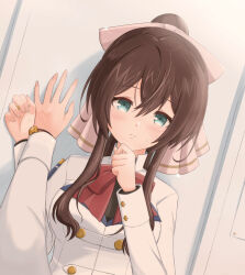 Rule 34 | 2girls, against wall, aqua eyes, assault lily, black shirt, blush, bow, breasts, brown hair, buttons, closed mouth, commentary request, female pov, fingernails, hair between eyes, hair bow, hand on wall, hand to own mouth, hands up, hatsukano you, herensuge girls academy school uniform, high ponytail, indoors, inoguchi minto, jacket, kabedon, long hair, long sleeves, looking at viewer, medium breasts, multiple girls, outstretched arm, ponytail, pov, pov hands, red bow, school uniform, serizawa chikaru, shadow, shirt, sidelocks, solo focus, sweatdrop, upper body, white jacket, wristband, yuri