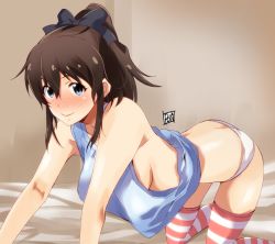 Rule 34 | 1girl, all fours, artist name, bed sheet, black ribbon, blue eyes, blue shirt, blush, breasts, brown hair, closed mouth, commentary request, hair ribbon, idolmaster, idolmaster million live!, looking at viewer, medium breasts, medium hair, no pants, on bed, panties, pink thighhighs, ponpon, ponytail, ribbon, satake minako, shirt, sideboob, signature, smile, solo, striped clothes, striped thighhighs, tank top, thighhighs, underwear, white panties