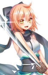 Rule 34 | &gt;:d, 1girl, :d, absurdres, ahoge, bare shoulders, black bow, black scarf, blonde hair, blurry, blush, bow, breasts, depth of field, fate/grand order, fate (series), glin, glint, hair bow, highres, holding, holding sword, holding weapon, japanese clothes, katana, kimono, koha-ace, looking at viewer, medium breasts, obi, okita souji (fate), okita souji (koha-ace), open mouth, rom (kochirasama), sash, scarf, sleeveless, sleeveless kimono, smile, solo, sword, upper body, v-shaped eyebrows, weapon, white kimono, yellow eyes