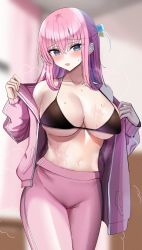 Rule 34 | 1girl, absurdres, black bra, blue eyes, blurry, blurry background, blush, bocchi the rock!, bra, breasts, cleavage, collarbone, commentary request, cube hair ornament, gotoh hitori, hair ornament, hanasaka houcha, highres, jacket, large breasts, long hair, long sleeves, looking at viewer, navel, open clothes, open jacket, open mouth, pants, pink hair, pink jacket, smile, solo, suggestive fluid, thighs, underboob, underwear