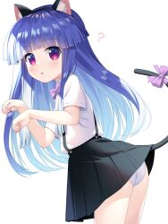 Rule 34 | 1girl, animal ear fluff, animal ears, black hairband, blue hair, blunt bangs, bow, cat ears, cat tail, chestnut mouth, collared shirt, commentary request, fake animal ears, furude rika, gaou (babel), hairband, higurashi no naku koro ni, leaning forward, long hair, looking at viewer, looking to the side, panties, parted lips, paw pose, pink bow, purple eyes, shirt, short sleeves, simple background, skirt, solo, suspender skirt, suspenders, tail, tail bow, tail ornament, underwear, very long hair, white background, white panties, white shirt