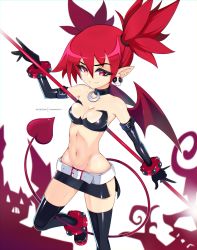 Rule 34 | 1girl, absurdres, bare shoulders, belt, black gloves, black skirt, black thighhighs, boots, bracelet, breasts, choker, cleavage, closed mouth, collarbone, crop top, darkmoney, demon girl, demon tail, demon wings, disgaea, earrings, elbow gloves, elder spear, etna (disgaea), fang, gloves, highres, jewelry, looking at viewer, matching hair/eyes, medium breasts, midriff, miniskirt, navel, pelvic curtain, pointy ears, polearm, red eyes, red hair, shiny clothes, shiny skin, short twintails, simple background, skirt, skull earrings, smile, solo, spear, standing, standing on one leg, tail, thigh boots, thighhighs, toned, twintails, weapon, white background, wings