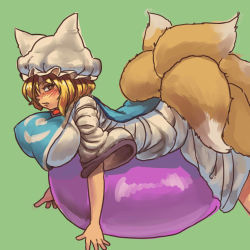 Rule 34 | 1girl, animal hat, blonde hair, breasts, chanta (ayatakaoisii), dress, fox tail, frilled hat, frills, green background, hat, large breasts, long sleeves, medium hair, mob cap, multiple tails, profile, shadow, simple background, solo, tabard, tail, touhou, white dress, white hat, yakumo ran