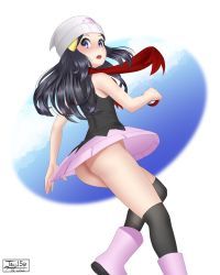 Rule 34 | ass, beanie, black hair, black shirt, black thighhighs, blush, boots, commentary, creatures (company), dated, dawn (pokemon), eyelashes, floating scarf, game freak, grey eyes, hair ornament, hairclip, hat, holding, holding poke ball, jay156, long hair, looking back, nintendo, no panties, open mouth, over-kneehighs, pink footwear, pink skirt, poke ball, poke ball (basic), pokemon, pokemon dppt, red scarf, scarf, shirt, sidelocks, signature, skirt, sleeveless, sleeveless shirt, solo, teeth, thighhighs, tongue, upper teeth only, upskirt, white hat
