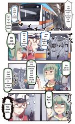 Rule 34 | 4koma, abyssal ship, against glass, airfield princess, alternate language, backpack, bag, blonde hair, blunt bangs, bow, bra, brown eyes, comic, crowded, dress, drum (container), empty eyes, english text, gloves, graf zeppelin (kancolle), green hair, green skirt, grey hair, hair bow, hair ornament, hard-translated, hat, highres, horns, ido (teketeke), index finger raised, kantai collection, long hair, military hat, multiple girls, peaked cap, ponytail, re-class battleship, revision, school uniform, seaport princess, serafuku, single horn, skirt, sliding doors, subway, subway station, third-party edit, train, train station, truth, underwear, very long hair, white hair, wo-class aircraft carrier, yuubari (kancolle)