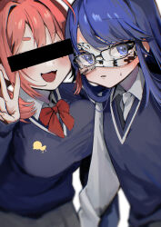 Rule 34 | 2girls, :3, absurdres, ahoge, aruko okara, bar censor, blue cardigan, blue eyes, blue hair, blue sweater vest, blurry, blush, breast press, breasts, cardigan, censored, collared shirt, depth of field, domino mask, duck print, flat chest, glasses, highres, identity censor, indie virtual youtuber, large breasts, long sleeves, looking at viewer, low twintails, mask, multiple girls, open mouth, parted lips, pink hair, shirt, short eyebrows, short twintails, simple background, smile, sweatdrop, sweater vest, swept bangs, thick eyebrows, tokumei radio, twintails, upper body, v, virtual youtuber, white background, white shirt, yashiro (nsaf2544), zanko