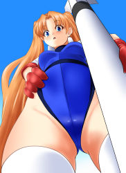 Rule 34 | 1girl, absurdres, athletic leotard, blue eyes, blue leotard, breasts, brown hair, from below, gloves, gluteal fold, groin, hand on own hip, highleg, highleg leotard, highres, jacket, leotard, long hair, looking at viewer, looking down, missile, namco, nanao futaba, numan athletics, open mouth, red gloves, sharon les halles, solo, thighhighs, thighs, very long hair, white jacket, white thighhighs