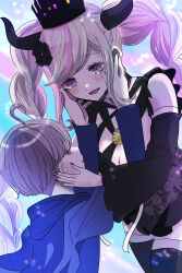 Rule 34 | 1boy, 1girl, absurdres, ahoge, artist name, black dress, black horns, black nails, black thighhighs, blue cape, blue shirt, blush, braid, breasts, cape, cleavage, commentary request, crown, detached sleeves, dress, hair ornament, hands on another&#039;s cheeks, hands on another&#039;s face, highres, horns, kobato (rylio), large breasts, long hair, long sleeves, master detective archives: rain code, open mouth, purple hair, shinigami (rain code), shirt, short dress, short hair, smile, tearing up, thighhighs, twin braids, twintails, upper body, yuma kokohead, zettai ryouiki