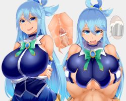 Rule 34 | 1girl, aqua (konosuba), bad id, bad twitter id, bar censor, bare shoulders, between breasts, blue dress, blue eyes, blue hair, blue skirt, breast hold, breasts, breasts squeezed together, censored, clothed female nude male, cum, cum in container, cum in cup, detached sleeves, dress, erection, facominn, hair rings, hetero, highres, huge breasts, kono subarashii sekai ni shukufuku wo!, long hair, looking at viewer, matching hair/eyes, miniskirt, nude, paizuri, paizuri under clothes, penis, pointless censoring, pov, simple background, skirt, smug, speech bubble, spoken object, undercleavage, undercleavage cutout, very long hair