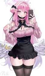 Rule 34 | 1girl, absurdres, angel wings, black nails, black skirt, black thighhighs, blue archive, blush, breasts, cellphone, cleavage, closed mouth, commentary, crescent, crescent pin, feathered wings, fingernails, hair bun, hair ornament, hairclip, halo, highres, holding, holding phone, large breasts, long hair, long sleeves, looking at viewer, mell (dmwe3537), mika (blue archive), nail polish, phone, pink hair, pink halo, pink shirt, revision, shirt, signature, simple background, single side bun, skirt, smartphone, smile, solo, symbol-only commentary, thighhighs, tongue, tongue out, white background, white wings, wings, x hair ornament, yellow eyes