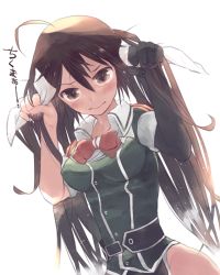 Rule 34 | 10s, 1girl, bare hips, black gloves, blush, breasts, bright background, brown eyes, brown hair, buttons, dress, elbow gloves, gloves, hair between eyes, hair ribbon, hands in hair, jacket, kantai collection, long hair, looking at viewer, medium breasts, neck ribbon, no pants, oluha, pelvic curtain, ribbon, short dress, short sleeves, side slit, single elbow glove, solo, tone (kancolle), tone kai ni (kancolle), twintails, white background