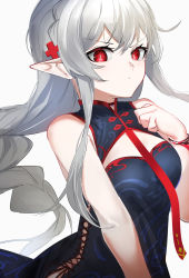 Rule 34 | 1girl, alternate costume, ao oni (onioni-aoi), arknights, black dress, braid, china dress, chinese clothes, cross hair ornament, dress, grey hair, hair between eyes, hair ornament, hand up, highres, long hair, looking at viewer, necktie, red eyes, red necktie, sidelocks, simple background, sleeveless, sleeveless dress, solo, upper body, v-shaped eyebrows, warfarin (arknights), white background