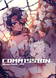 Rule 34 | 1girl, blood, blood on clothes, blood on face, blood on flower, bouquet, breasts, choker, cleavage, dress, e.g.o (project moon), flower, genderswap, genderswap (mtf), hair flower, hair ornament, heathcliff (project moon), highres, holding, holding bouquet, jewelry, limbus company, medium breasts, pmchell 04, project moon, ring, rose, sign of roses, solo, thorns, upper body, wedding dress, wedding ring, white dress, white flower, white rose, white veil
