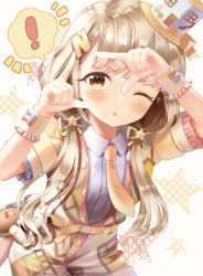 Rule 34 | !, 1girl, ;o, absurdres, arm up, blue hat, blue shirt, blush, braid, braided bangs, brown eyes, brown hair, collared shirt, commentary request, dress shirt, finger frame, frilled sleeves, frills, hair over shoulder, hand up, hat, highres, hisakawa nagi, idolmaster, idolmaster cinderella girls, long hair, low twintails, mini hat, mini top hat, notice lines, one eye closed, onesie, parted lips, polka dot, shirt, short sleeves, solo, spoken exclamation mark, star (symbol), starry background, tilted headwear, top hat, twintails, very long hair, white background, yata (yatao zzz)