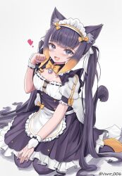 Rule 34 | 1girl, animal ear fluff, animal ears, apron, bell, blush, bow, breasts, cat ears, cat girl, cat tail, fang, grey eyes, hair ornament, hair ribbon, heart, highres, hololive, hololive english, jingle bell, long hair, maid, maid apron, maid headdress, mole, mole under eye, nekopara, ninomae ina&#039;nis, open mouth, paw pose, pointy ears, purple hair, purple thighhighs, ribbon, shoes, small breasts, smile, solo, tail, tentacle hair, thighhighs, twintails, varo 006, virtual youtuber, white background, white ribbon, white wrist cuffs, wrist cuffs, yellow bow, yellow footwear