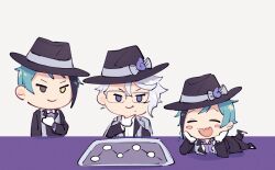 Rule 34 | 3boys, azul ashengrotto, black suit, blue hair, brown eyes, chibi, closed eyes, floyd leech, formal, grey background, grey hair, hat, heterochromia, jade leech, male focus, michihito, multiple boys, on table, purple eyes, sharp teeth, short hair, simple background, suit, table, teeth, tray, twisted wonderland, yellow eyes