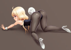 Rule 34 | 1girl, all fours, ass, blonde hair, brown eyes, rabbit tail, futaba anzu, grey background, high heels, highres, idolmaster, idolmaster cinderella girls, long hair, looking at viewer, looking back, low twintails, pantyhose, playboy bunny, profile, rabbit girl, simple background, solo, tail, taka (takahirokun), twintails, white footwear, wrist cuffs