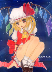 Rule 34 | 1girl, absurdres, acrylic paint (medium), arm support, ascot, bare legs, blonde hair, bloomers, bobby socks, colored pencil (medium), embodiment of scarlet devil, eyelashes, eyeshadow, fang, female focus, flandre scarlet, hat, highres, legs, makeup, marituin, mary janes, open mouth, painting (medium), pastel (medium), red eyes, sample watermark, shoes, side ponytail, sitting, socks, solo, squatting, touhou, traditional media, underwear, watermark, white socks, wings
