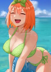 Rule 34 | 1girl, :d, ^ ^, amog, arched back, arm support, bare shoulders, bikini, blue sky, blush, breasts, cleavage, closed eyes, cloud, clover print, collarbone, cowboy shot, day, double-parted bangs, eyelashes, facing viewer, go-toubun no hanayome, green bikini, green ribbon, hair between eyes, hair ribbon, happy, heart, highres, inflatable dolphin, inflatable toy, large breasts, medium hair, nakano yotsuba, ocean, open mouth, orange hair, outdoors, ribbon, round teeth, side-tie bikini bottom, sidelighting, sitting, sky, smile, solo, spoken heart, summer, swimsuit, teeth, upper teeth only, wet