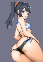 Rule 34 | 10s, 1girl, ass, bare arms, bare shoulders, bikini, bikini under clothes, black hair, blue eyes, blush, breasts, cowboy shot, female focus, from below, gridman universe, long hair, looking at viewer, looking back, looking down, open mouth, ponytail, purple background, shorts, shoulder blush, side-tie bikini bottom, simple background, skindentation, small breasts, solo, ssss.gridman, swimsuit, takarada rikka, thick thighs, thighs, toshishikisai, wide hips