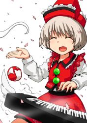 Rule 34 | 1girl, :d, ^ ^, bad id, bad pixiv id, brown hair, closed eyes, dai-erie, closed eyes, gerijita, hat, instrument, keyboard (instrument), lyrica prismriver, musical note, open mouth, petals, shirt, short hair, skirt, smile, touhou, vest
